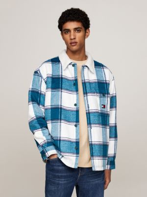 blue sherpa collar check casual overshirt for men tommy jeans