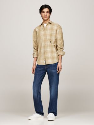 camicia relaxed fit a quadri con ricamo beige da uomini tommy jeans