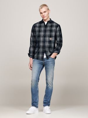 camicia relaxed fit a quadri con ricamo grigio da uomini tommy jeans