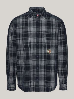 camicia relaxed fit a quadri con ricamo grigio da uomini tommy jeans