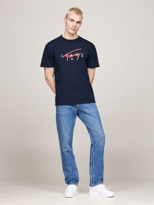 t-shirt con logo firma blu da uomini tommy jeans