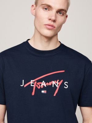 t-shirt à col ras-du-cou et logo signature bleu pour hommes tommy jeans