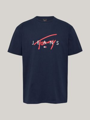 t-shirt con logo firma blu da uomini tommy jeans