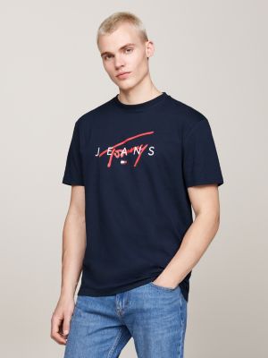 t-shirt à col ras-du-cou et logo signature bleu pour hommes tommy jeans