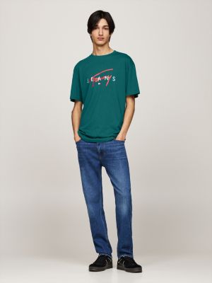 groen t-shirt met ronde hals en signature-logo voor heren - tommy jeans