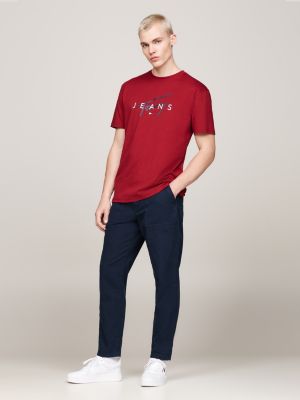 t-shirt con logo firma rosso da uomini tommy jeans