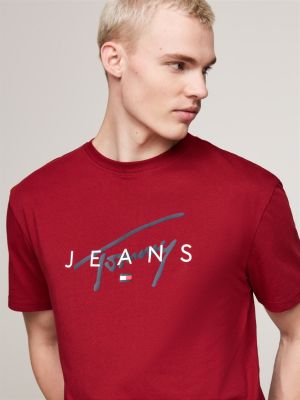 t-shirt con logo firma rosso da uomini tommy jeans