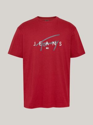 t-shirt con logo firma rosso da uomini tommy jeans