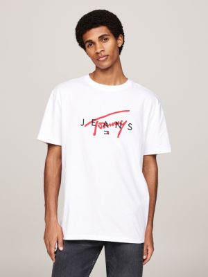 white t-shirt met ronde hals en signature-logo voor heren - tommy jeans