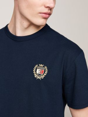 t-shirt à col ras-du-cou et logo brodé bleu pour hommes tommy jeans