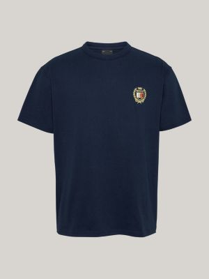 t-shirt à col ras-du-cou et logo brodé bleu pour hommes tommy jeans