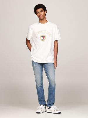 white logo embroidery crew neck t-shirt for men tommy jeans