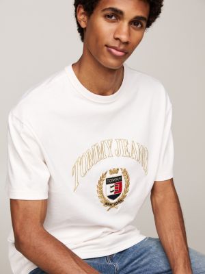 white logo embroidery crew neck t-shirt for men tommy jeans