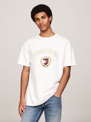 camiseta de cuello redondo con logo bordado white de hombres tommy jeans