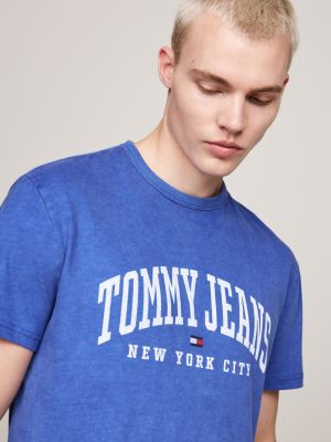 t-shirt varsity con effetto sbiadito e logo blu da uomini tommy jeans