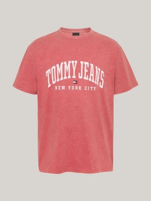 t-shirt varsity con effetto sbiadito e logo rosso da uomini tommy jeans