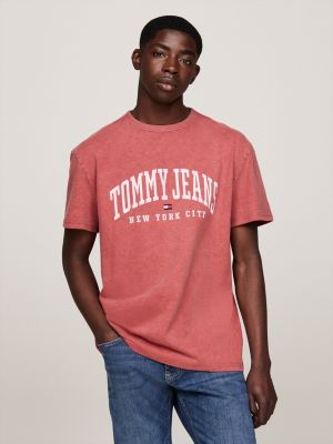 t-shirt varsity con effetto sbiadito e logo rosso da uomini tommy jeans