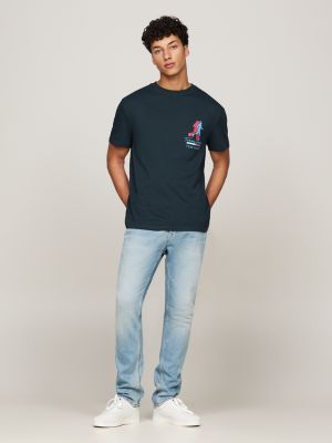 blauw graphic t-shirt met slogan op de achterkant voor heren - tommy jeans