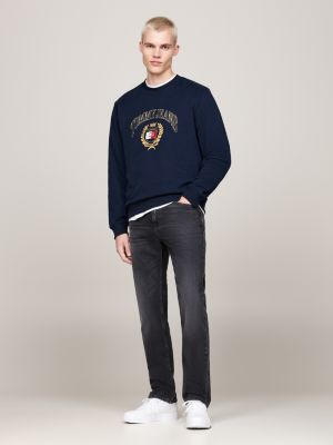 blau rundhals-sweatshirt mit aufgesticktem logo für herren - tommy jeans