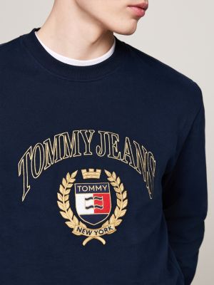 blau rundhals-sweatshirt mit aufgesticktem logo für herren - tommy jeans