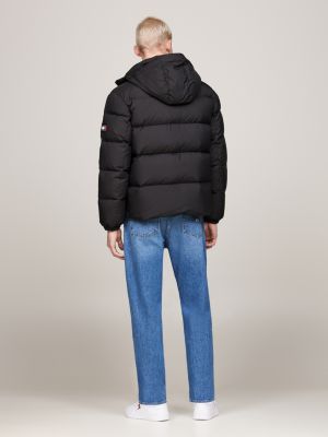 black water repellent hooded down puffer jacket for men tommy jeans
