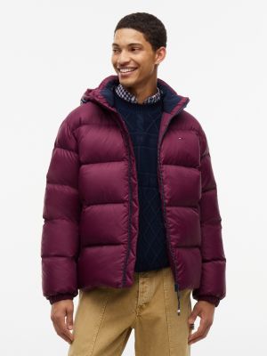purple relaxed down hooded puffer jacket for men tommy jeans