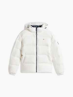 white relaxed down hooded puffer jacket for men tommy jeans