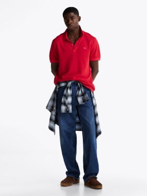 polo slim fit tinta in capo rosso da uomini tommy jeans