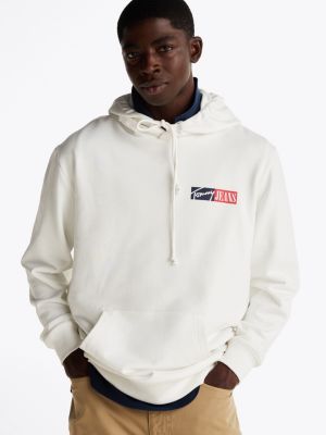 white signature logo drawstring hoody for men tommy jeans