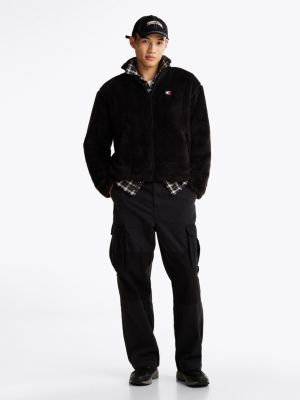 black fleece relaxed zip-thru sweatshirt for men tommy jeans