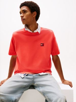 orange t-shirt o luźnym kroju z tkaną naszywką dla mężczyźni - tommy jeans