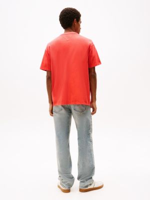 orange t-shirt o luźnym kroju z tkaną naszywką dla mężczyźni - tommy jeans