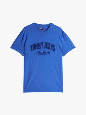 niebieski t-shirt z efektem wyblaknięcia i logo varsity dla mężczyźni - tommy jeans