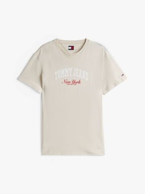 beige varsity logo slim t-shirt for men tommy jeans