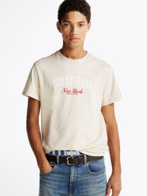 beige varsity slim fit t-shirt met logo voor heren - tommy jeans