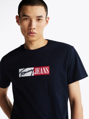 blau slim fit t-shirt mit signatur-logo für herren - tommy jeans