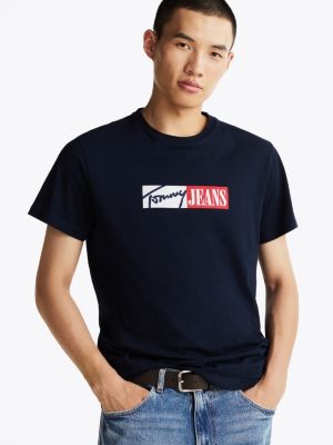 blue slim fit t-shirt met signature-logo voor heren - tommy jeans