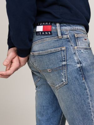 niebieski wąskie jeansy scanton z efektem znoszenia dla mężczyźni - tommy jeans