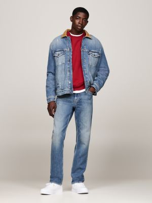 blue ryan distressed denim trucker jacket for men tommy jeans