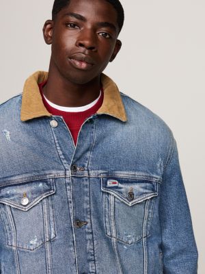 blue ryan distressed denim trucker jacket for men tommy jeans