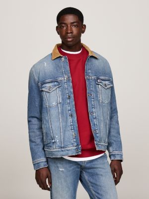 blue ryan distressed denim trucker jacket for men tommy jeans