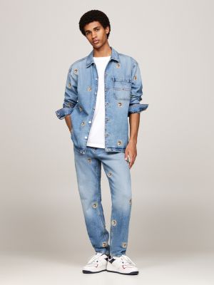 blau denim-overshirt mit logo-stickereien für herren - tommy jeans