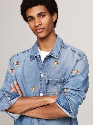 blue logo embroidery denim overshirt for men tommy jeans