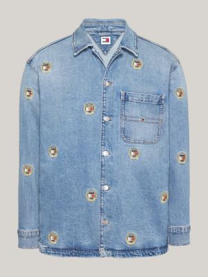 blue logo embroidery denim overshirt for men tommy jeans