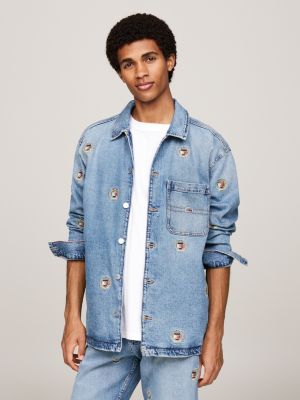 blue logo embroidery denim overshirt for men tommy jeans