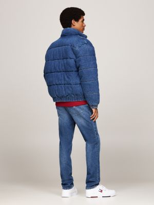 blue logo denim puffer jacket for men tommy jeans