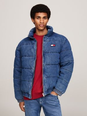 blue puffer-jacke aus denim mit logo für herren - tommy jeans