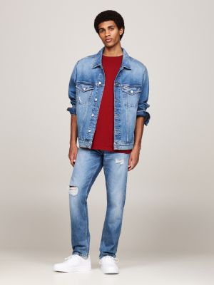 blue ryan distressed denim trucker jacket for men tommy jeans