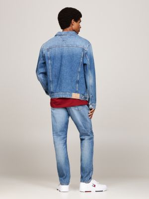 blue ryan distressed denim trucker jacket for men tommy jeans