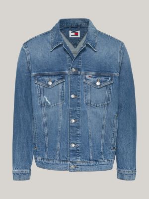 blue ryan distressed denim trucker jacket for men tommy jeans